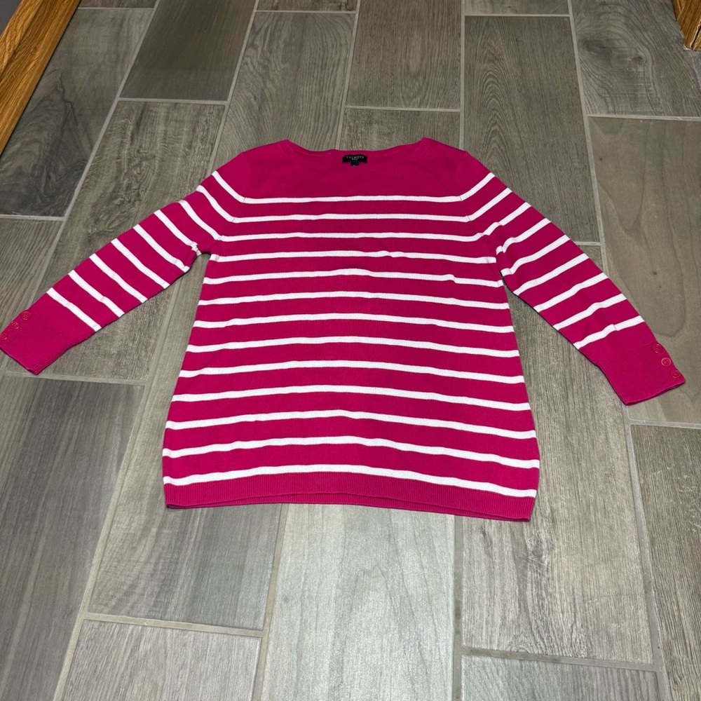 Talbots Women’s Small Petite Pink White Striped Sweater 3/4 Sleeve